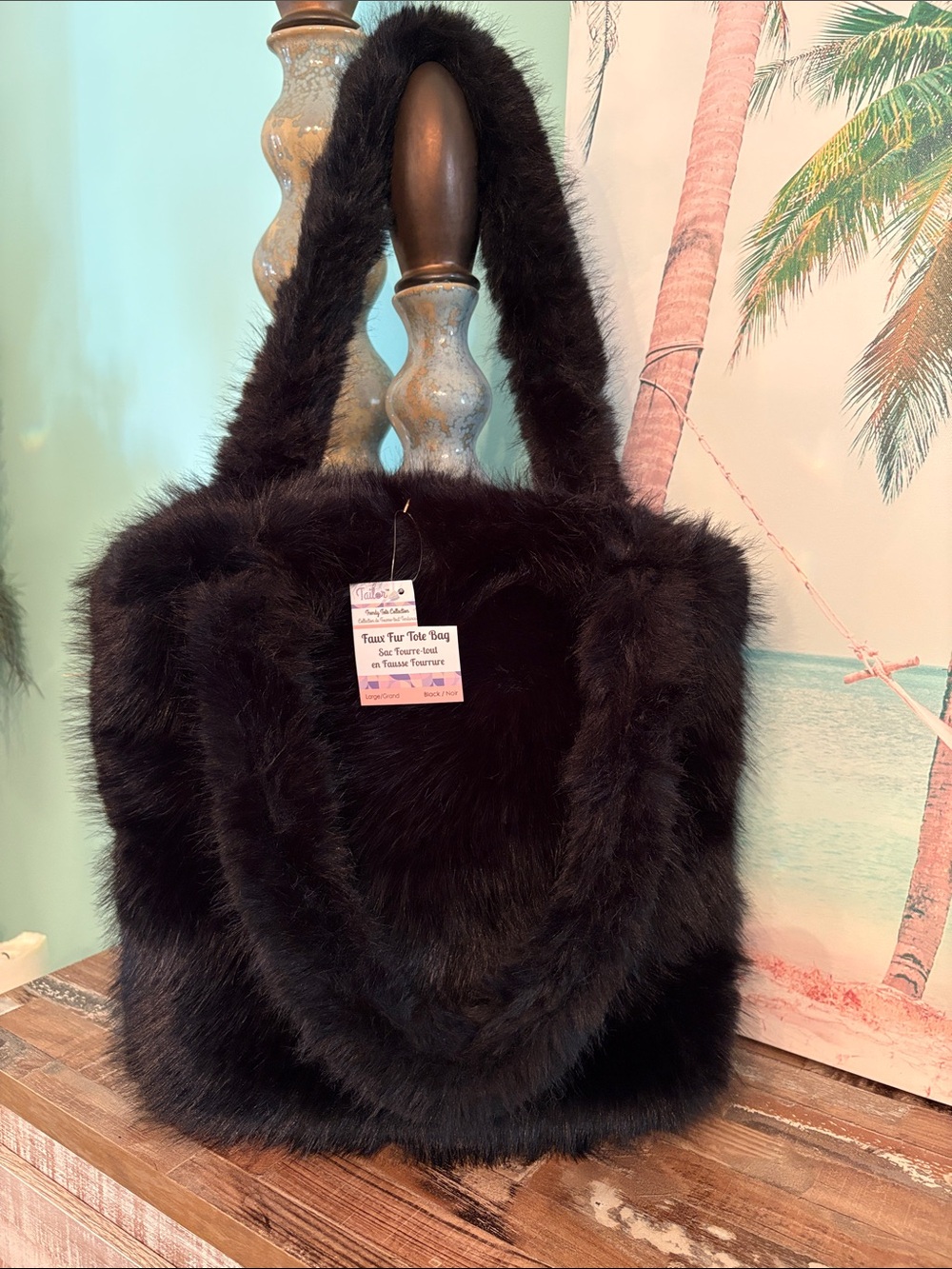 NWT Faux Fur large Tote Bag in Black - Plush Women's Shoulder Bag gorgeous